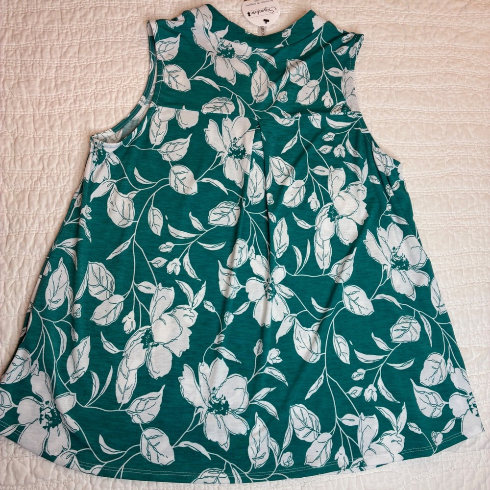NEW Dear Scarlett Teal Floral Sleeveless Top Split V-Neck Blouse Women M cottage - Picture 9 of 10